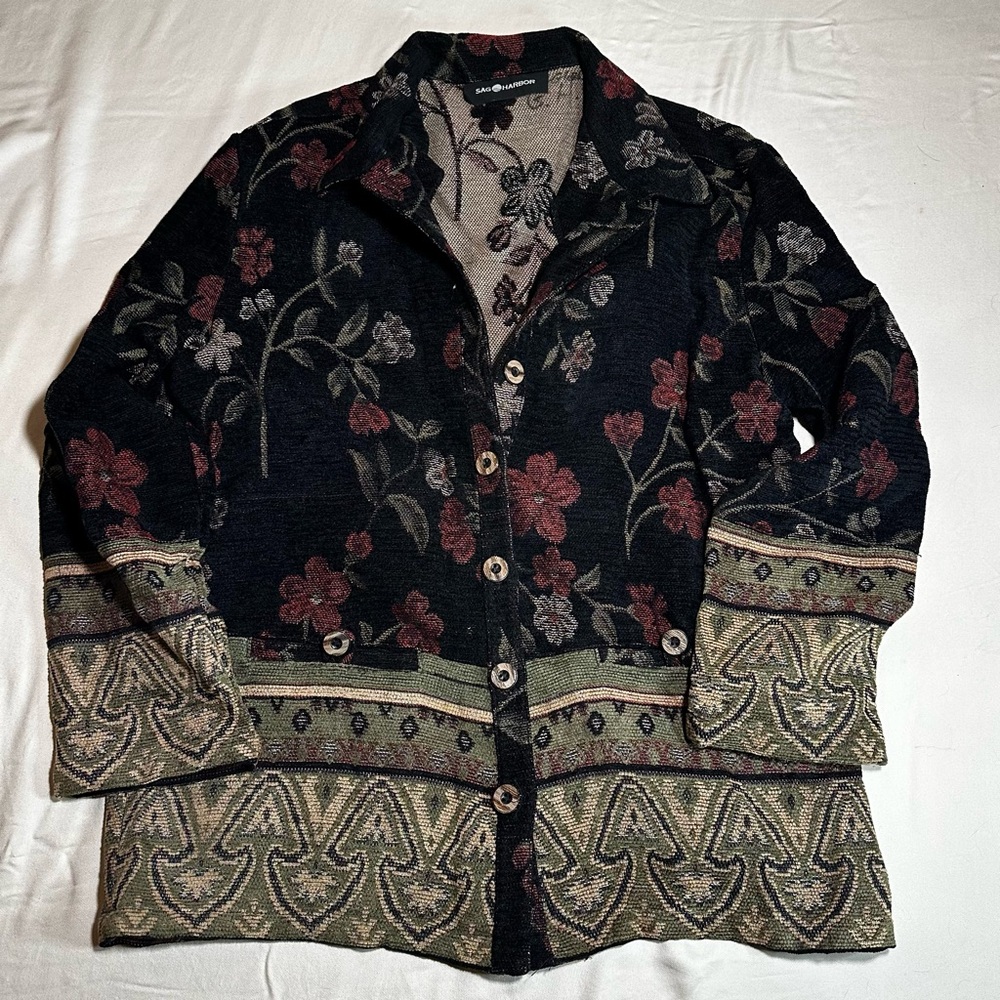 Sag Harbor Black Cardigan Floral Jacquard. Vintage eclectic coastal grandma